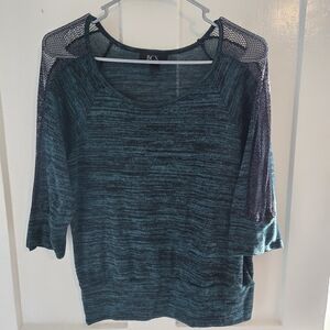 BCX Green Quarter Sleeve Shirt with Trendy Black Metallic Fishnet Accents, Large